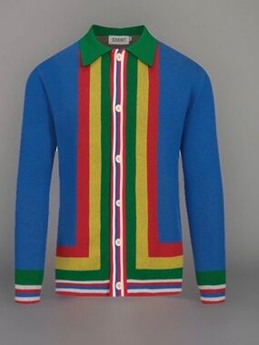 MEN'S BLUE ART RETRO STRIPES CLASSIC JACQUARD CARDIGAN SIZE S